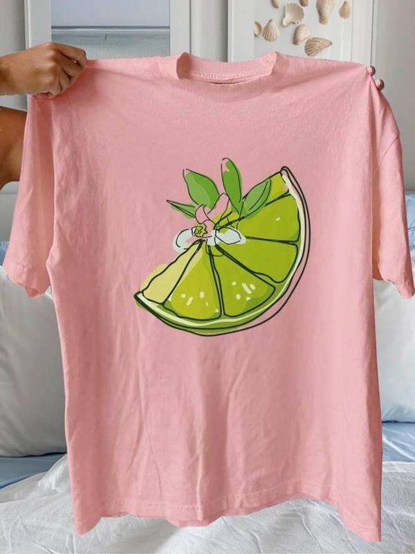 Women'WB shield Lemon Print Round Neck Tee, Fashion Casual Drop Shoulder Short Sleeve T-shirt, Ladies Summer TNF for...