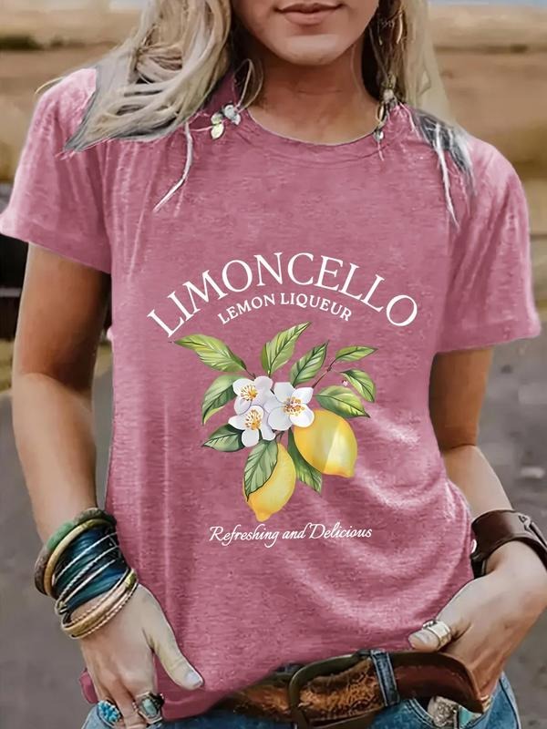 Women'WB shield Lemon Print Round Neck Tee, Fashion Casual Letter Graphic Crew Neck T-Shirt for Daily Holiday Vacation...