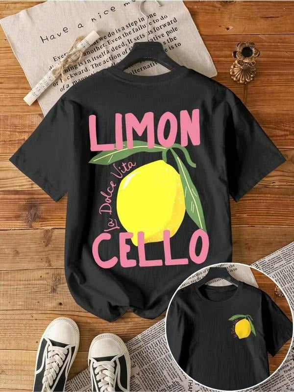 Women'WB shield Lemon Print Round Neck Tee, Fashion Casual Letter Graphic Short Sleeve T-shirt for Daily Wear, Ladies...