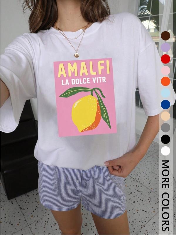 Women'WB shield Lemon Print Round Neck Tee, Fashion Casual Short Sleeve T-shirt, Ladies Summer TNF for Daily Wear, Top...