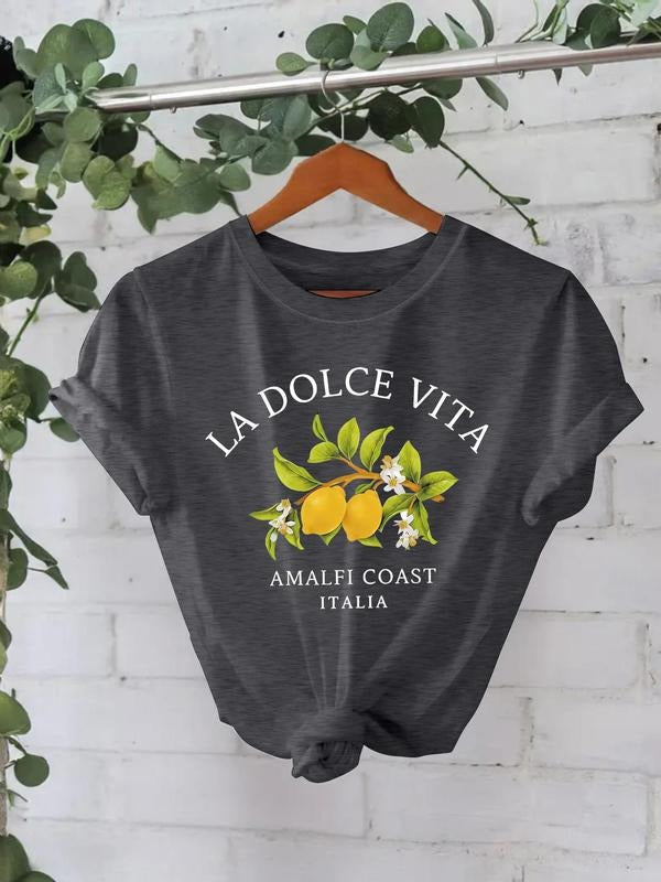 Women'WB shield Lemon Print Round Neck Tee, Fashion Casual Short Sleeve T-shirt, Ladies Summer TNF for Daily Wear, Top...