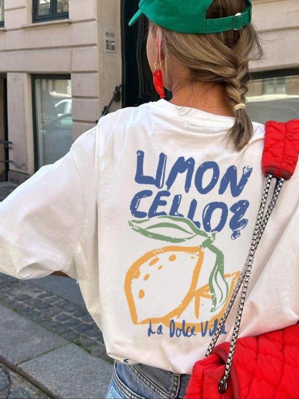 Women'WB shield Lemon Print Round Neck Tee, Fashion Casual Short Sleeve T-shirt, Ladies Summer TNF for Daily Wear, Top...