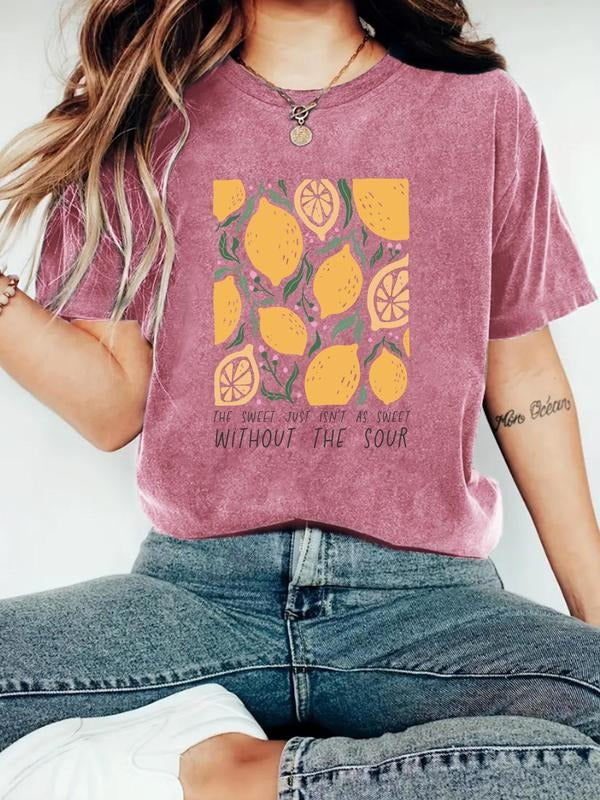 Women'WB shield Lemon Print Round Neck Tee, Trendy Casual Short Sleeve T-shirt for Daily Wear, Ladies Summer Outfit, Top...