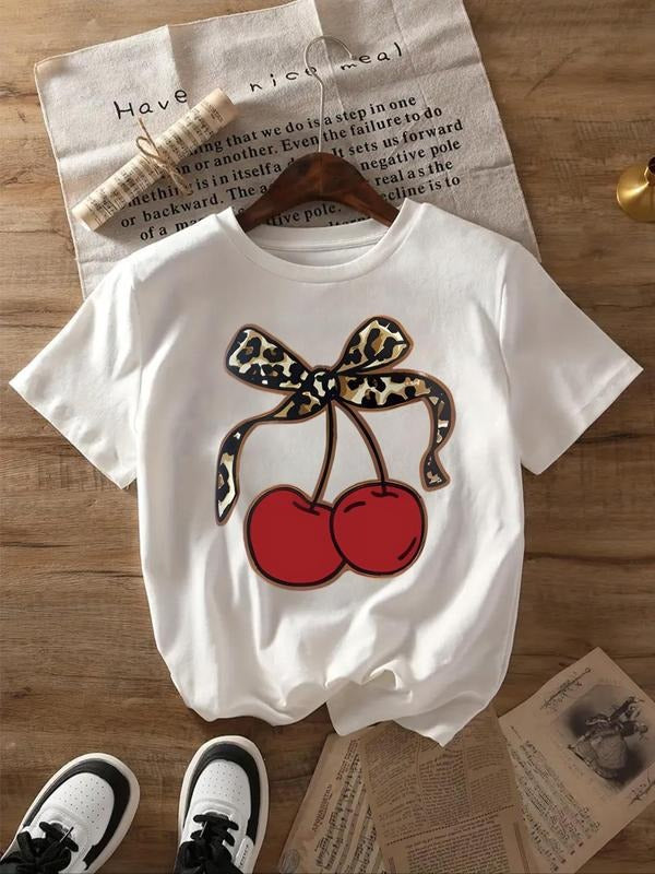 Women'WB shield Leopard & Cherry Print Round Neck Tee, Fashion Casual Crew Neck T-shirt for Daily Holiday Vacation...
