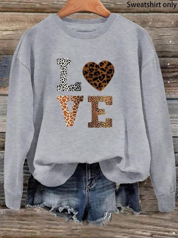 Women'WB shield Leopard & Letter Print Drop Shoulder Sweatshirt, Casual Long Sleeve Round Neck Pullover for Fall &...