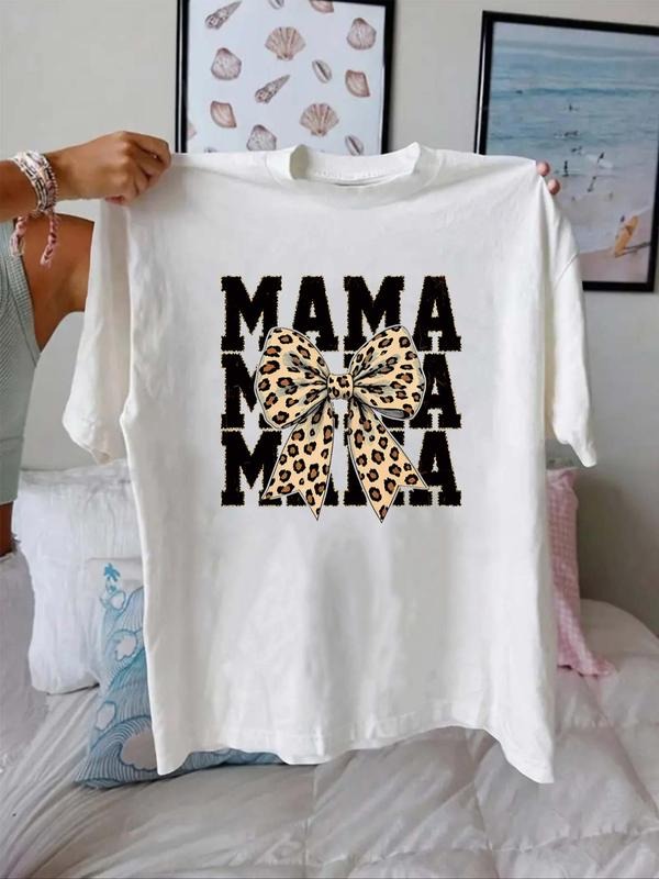 Women'WB shield Leopard Bow & Letter Print Round Neck Tee, Fashion Casual Crew Neck T-Shirt for Daily Holiday Vacation...