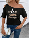 Women'WB shield Leopard Heart Print Asymmetrical Neck Tee, Fashion Casual Curved Hem T-Shirt for Daily Holiday Vacation...