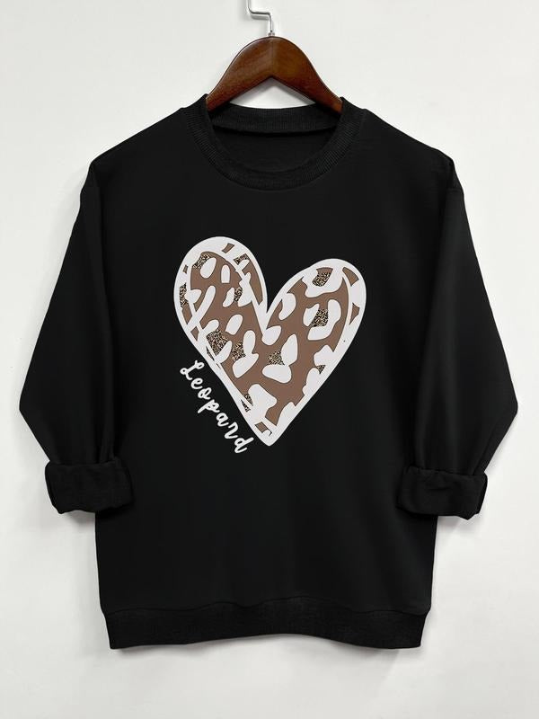 Women'WB shield Leopard Heart Print Crew Neck Sweatshirt, Fashion Casual Letter Graphic Long Sleeve Pullover, Ladies TNF...