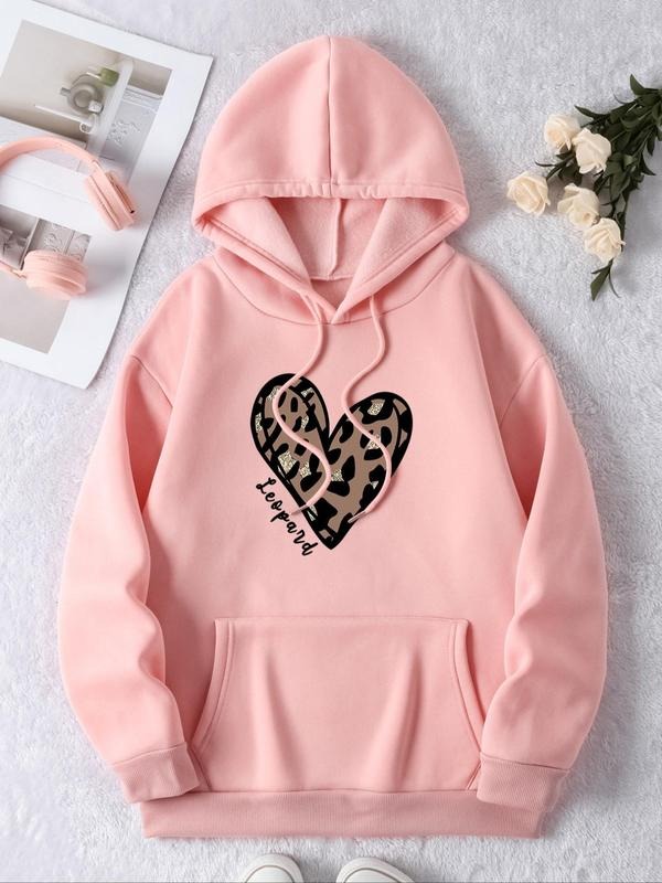 Women'WB shield Leopard Heart Print Drawstring Hoodie, Fashion Pocket Long Sleeve Hooded Sweatshirt for Daily Outdoor...