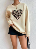 Women'WB shield Leopard Heart Print Drop Shoulder Sweatshirt, Casual Long Sleeve Round Neck Pullover for Fall & Winter,...