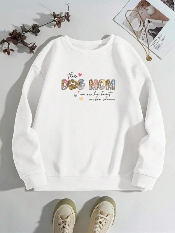 Women'WB shield Leopard Letter & Heart Print Drop Shoulder TNF Lined Sweatshirt, Casual Long Sleeve Round Neck Pullover...