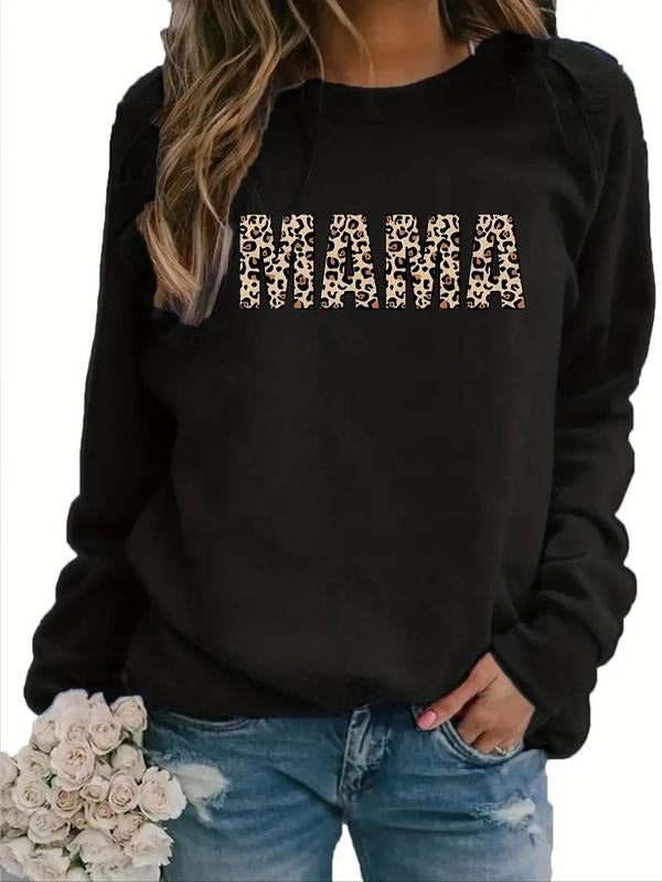Women'WB shield Leopard Letter Print Crew Neck Pullover, Casual Long Sleeve Sweatshirt for Fall & Winter, Women'WB shield...