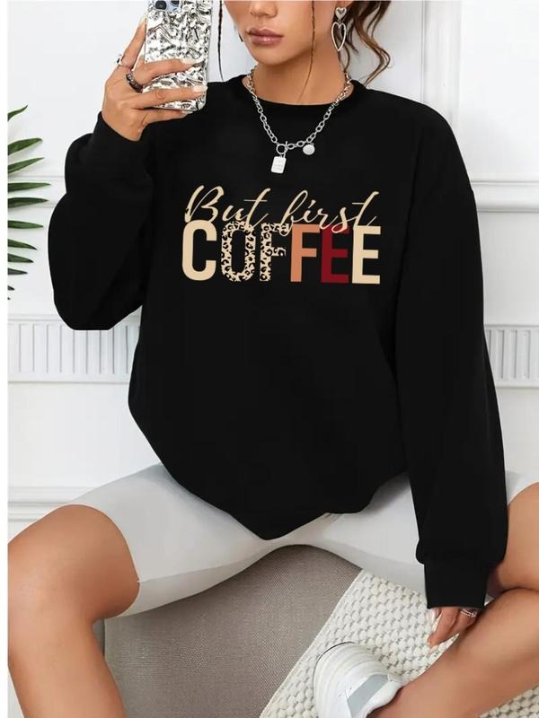 Women'WB shield Leopard Letter Print Drop Shoulder Sweatshirt, Casual Long Sleeve Round Neck Pullover For Spring & Fall,...