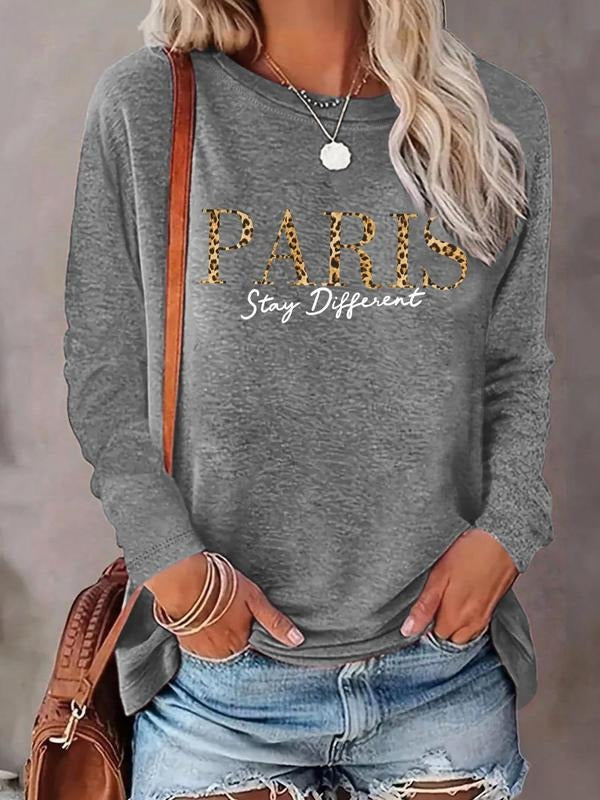 Women'WB shield Leopard Letter Print Round Neck Tee, Casual Long Sleeve Crew Neck T-shirt for Daily Wear, Ladies TNF for...