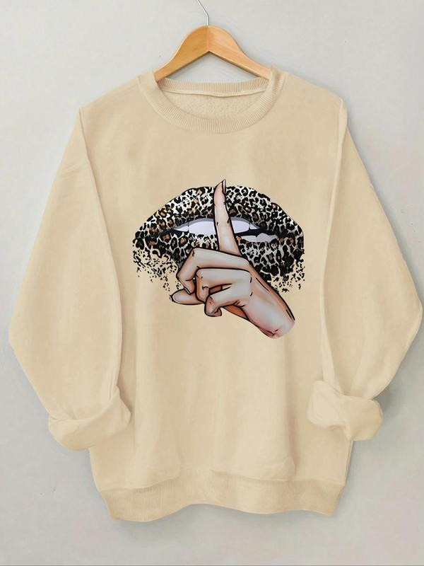 Women'WB shield Leopard Lip & Hand Print Crew Neck Sweatshirt, Casual Long Sleeve Pullover, Women'WB shield Spring & Fall...