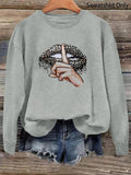 Women'WB shield Leopard Lip Print Drop Shoulder Sweatshirt, Casual Long Sleeve Round Neck Pullover, Ladies TNF For Spiky...