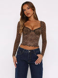 Women'WB shield Leopard Print Long Sleeve Top with Ruffle Hem, Casual Fashion Blouse for Spring & Fall, Ladies' Stylish...