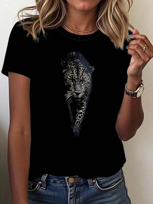 Women'WB shield Leopard Print Round Neck Tee, Fashion Casual Crew Neck T-Shirt for Daily Holiday Vacation Outdoor Wear,...