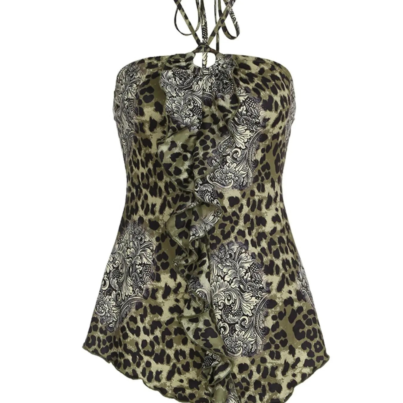 Women'WB shield Leopard Print Ruffle Trim Tie Back Halter Top, Casual Sleeveless Top for Summer, Ladies TNF for Daily...