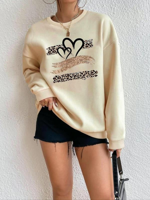 Women'WB shield Leopard-print & Heart Pattern Crew Neck Pullover Sweatshirts, Fashion Casual Long Sleeve Sweatshirt for...