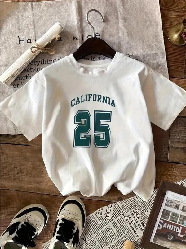 Women'WB shield Letter & "25" Number Print Round Neck Tee, Casual Short Sleeve Crew Neck T-shirt for Summer, Fashion...