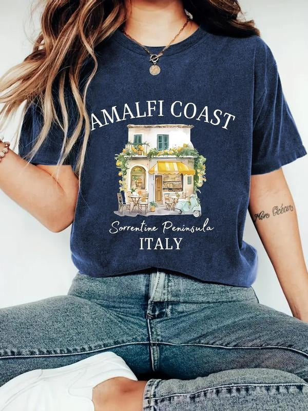Women'WB shield Letter & Amalfi Coast Print Round Neck Tee, Casual Fashion Short Sleeve T-shirt for Summer, Ladies TNF...