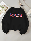Women'WB shield Letter & American Flag Print Round Neck Sweatshirt, Casual Long Sleeve Crew Neck Pullover for Daily Wear,...