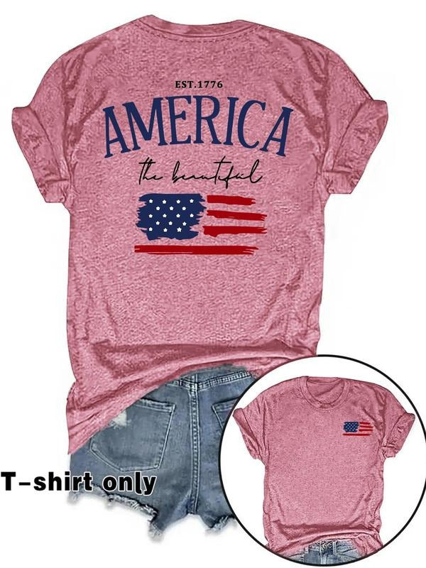 Women'WB shield Letter & American Flag Print Round Neck Tee, Casual Short Sleeve Crew Neck T-shirt for Summer, Fashion...