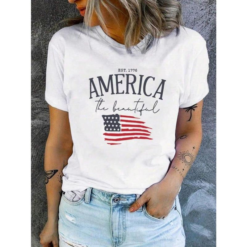 Women'WB shield Letter & American Flag Print Round Neck Tee, Trendy Casual Short Sleeve T-Shirt for Daily Wear, Ladies...