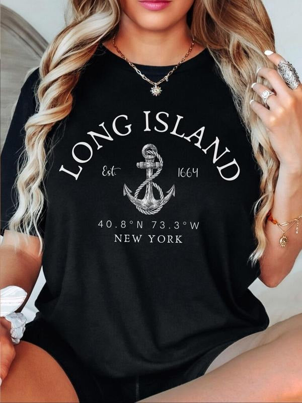 Women'WB shield Letter & Anchor Print Round Neck Tee, Casual Short Sleeve Crew Neck T-shirt for Daily Wear, Ladies TNF...