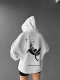 Women'WB shield Letter & Angel Print Drop Shoulder Hoodie, Fashion Casual Drawstring Pocket Hooded Sweatshirt for Daily...