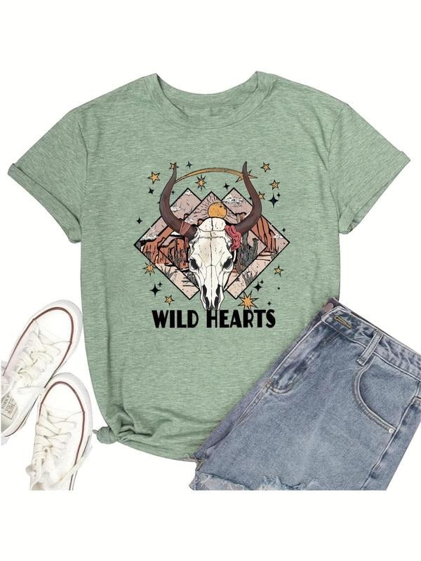 Women'WB shield Letter & Animal Head Print Round Neck Tee, Casual Short Sleeve T-shirt for Daily Wear, Ladies TNF for...