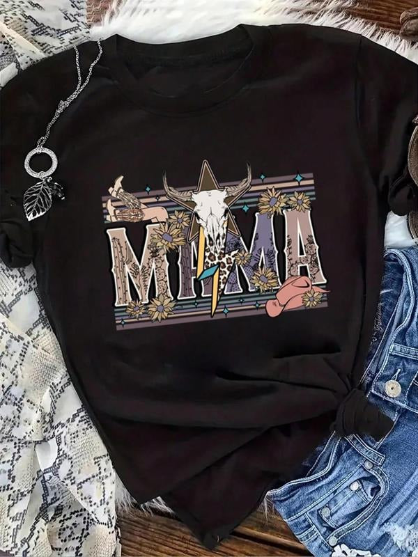 Women'WB shield Letter & Animal Print Round Neck Short Sleeve Graphic Tee, Fashion Casual Crew Neck T-Shirt for Daily...