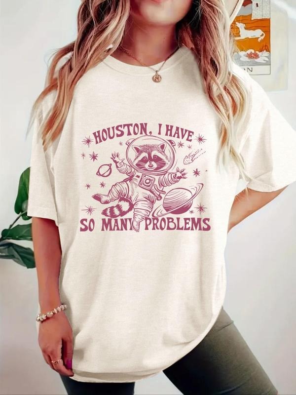 Women'WB shield Letter & Astronaut Print Round Neck Tee, Casual Short Sleeve Crew Neck T-Shirt for Summer, Fashion...