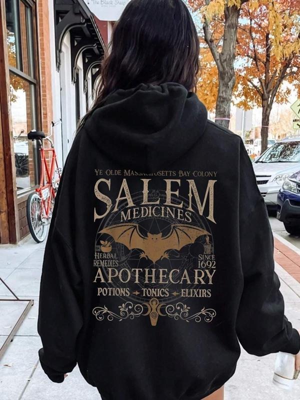 Women'WB shield Letter & Bat Print Drop Shoulder Hoodie, Fashion Casual Drawstring Pocket Hooded Sweatshirt for Daily...