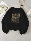 Women'WB shield Letter & Bat Print Drop Shoulder Sweatshirt, Retro Casual Long Sleeve Round Neck Pullover for Daily Wear,...