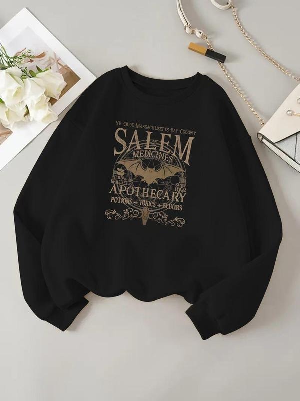 Women'WB shield Letter & Bat Print Drop Shoulder Sweatshirt, Retro Casual Long Sleeve Round Neck Pullover for Daily Wear,...