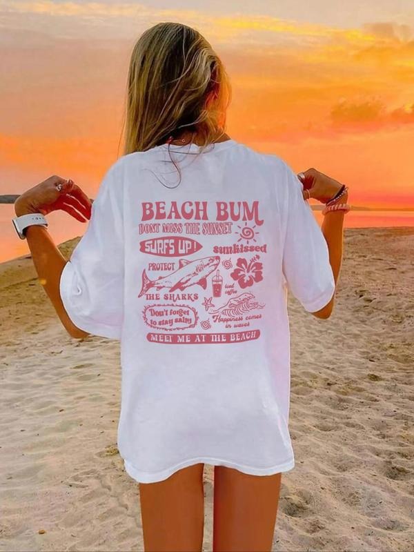 Women'WB shield Letter & Beach Print Round Neck Tee, Casual Short Sleeve Crew Neck T-shirt for Daily Wear, Ladies TNF for...