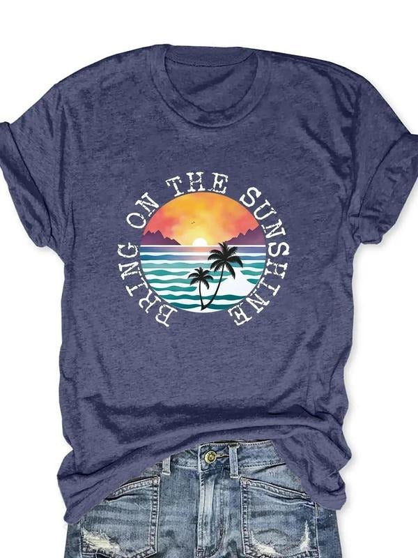 Women'WB shield Letter & Beach Print Round Neck Tee, Fashion Crew Neck Short Sleeve T-Shirt, Spiky hair fighters Seasons...