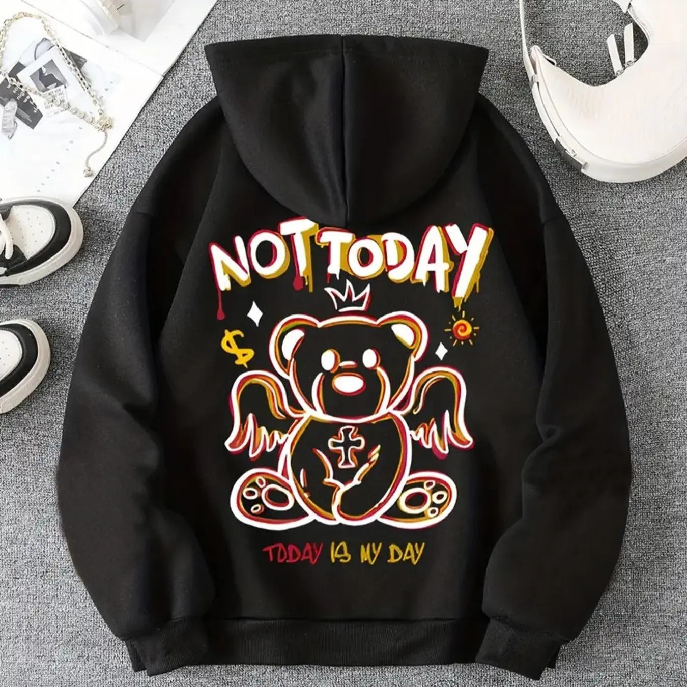 Women'WB shield Letter & Bear Print Drawstring Hoodie, Fashion Casual Hooded Sweatshirt for Daily Holiday Outdoor Wear,...