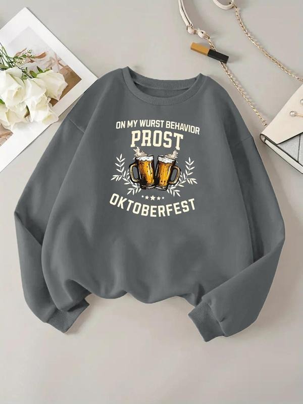 Women'WB shield Letter & Beer Print Drop Shoulder Sweatshirt, Casual Long Sleeve Round Neck Pullover for Daily Wear,...