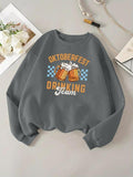Women'WB shield Letter & Beer Print Drop Shoulder Sweatshirt, Casual Long Sleeve Round Neck Pullover for Daily Wear,...