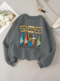 Women'WB shield Letter & Beer Print Drop Shoulder Sweatshirt, Casual Long Sleeve Round Neck Pullover for Daily Wear,...