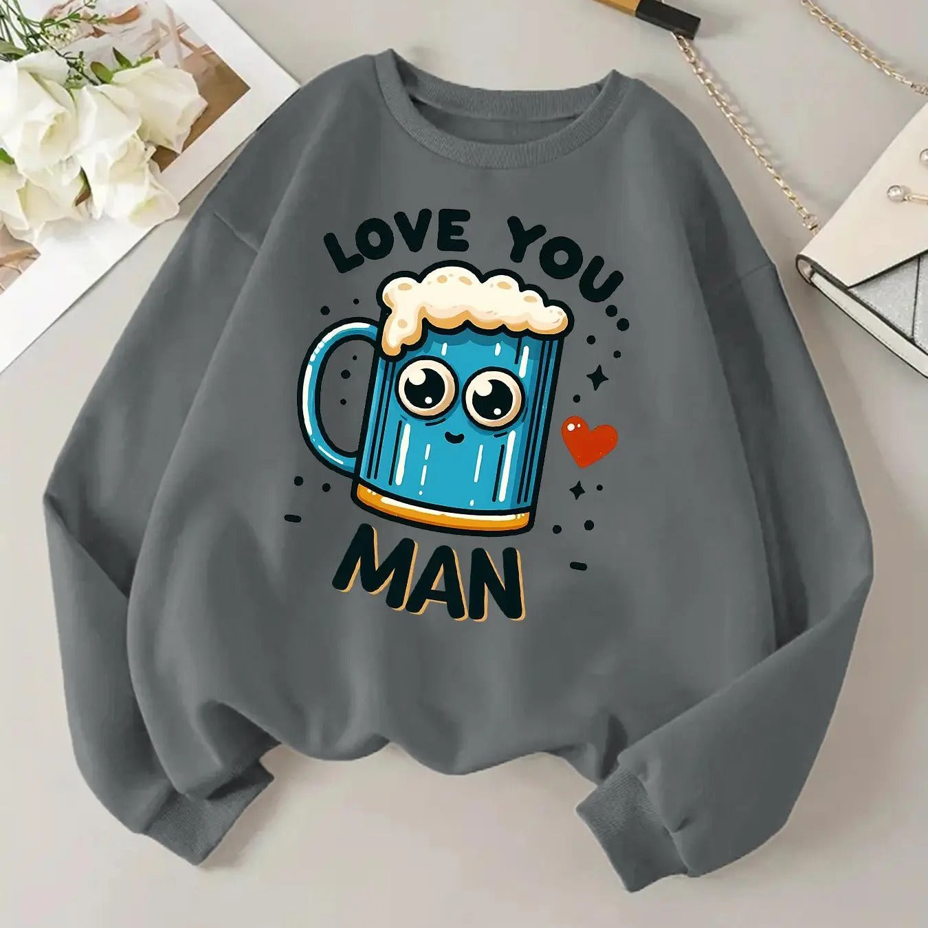 Women'WB shield Letter & Beer Print Drop Shoulder Sweatshirt, Casual Long Sleeve Round Neck Pullover for Daily Wear,...
