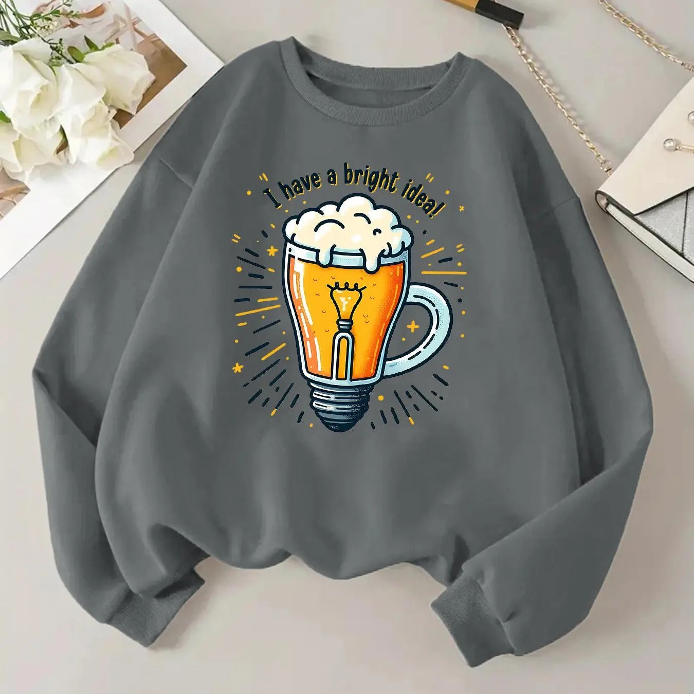 Women'WB shield Letter & Beer Print Drop Shoulder Sweatshirt, Casual Long Sleeve Round Neck Pullover for Fall & Winter,...