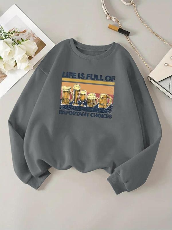 Women'WB shield Letter & Beer Print Drop Shoulder TNF Lined Sweatshirt, Casual Long Sleeve Round Neck Pullover for Daily...
