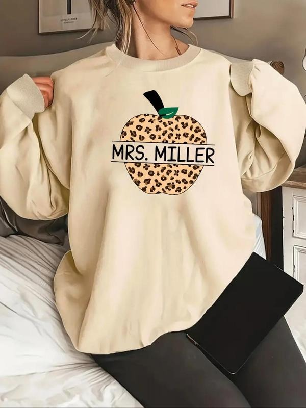 Women'WB shield Letter & Bitten fruit Print Drop Shoulder Sweatshirt, Casual Long Sleeve Round Neck Pullover for Fall &...