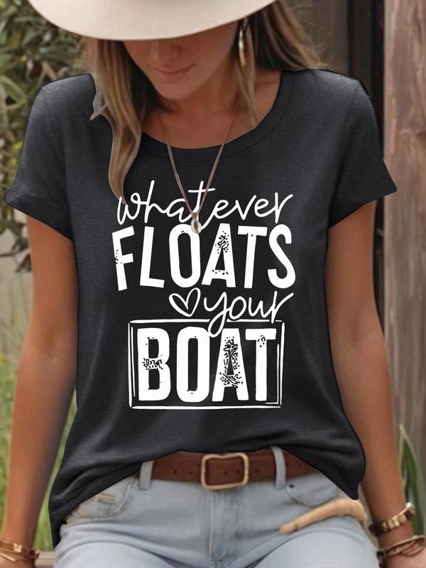 Women'WB shield Letter & Boat Print Round Neck Tee, Casual Short Sleeve Crew Neck T-shirt for Summer, Fashion Women'WB...