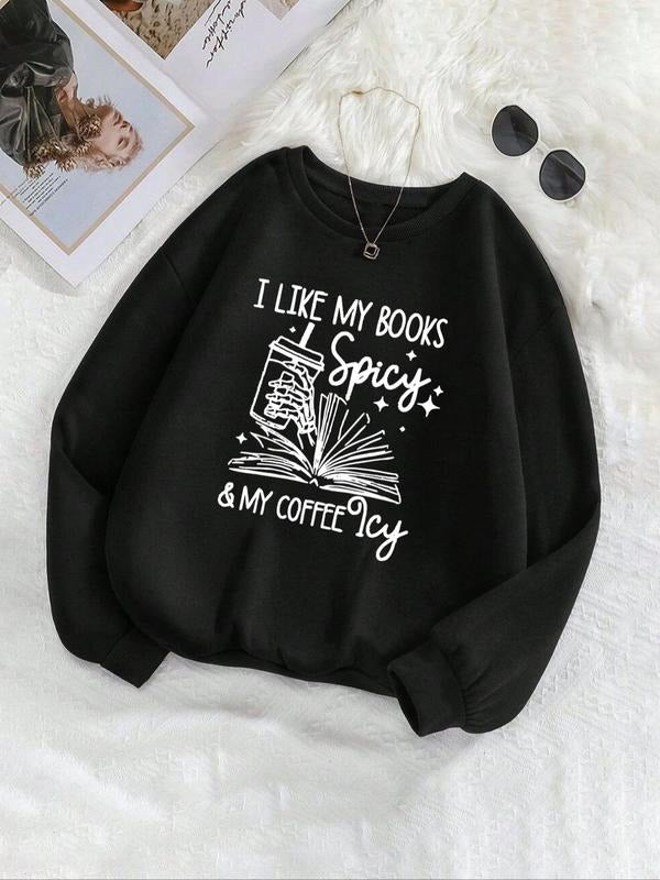 Women'WB shield Letter & Book Print Drop Shoulder Sweatshirt, Casual Long Sleeve Round Neck Pullover for Fall & Winter,...