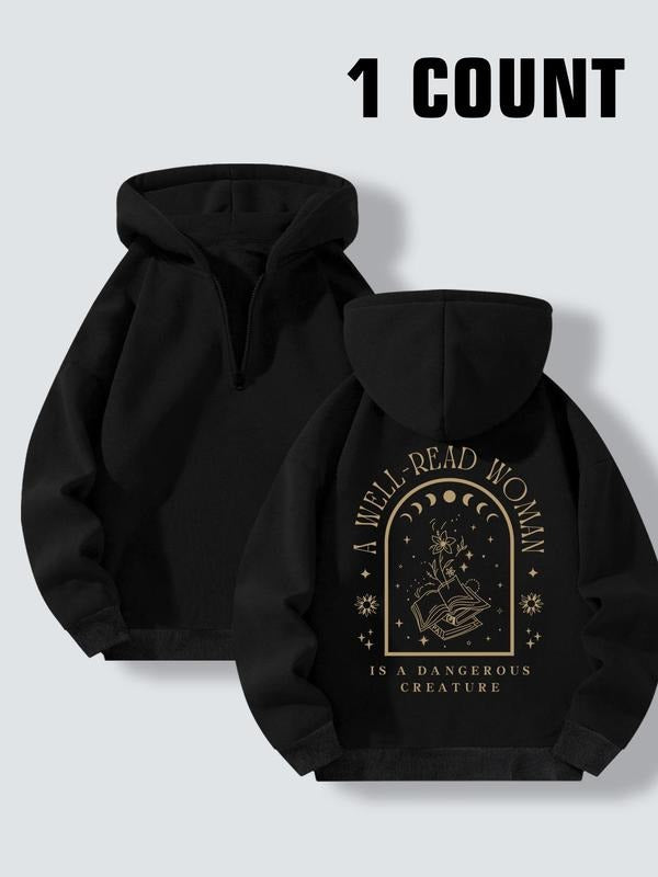 Women'WB shield Letter & Book Print Half Zip Hoodie, Casual Drop Shoulder Long Sleeve Hooded Sweatshirt for Fall &...